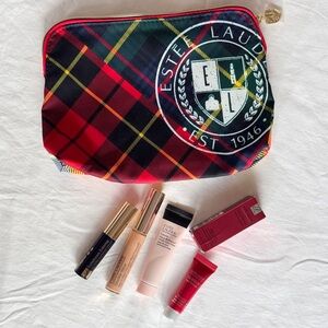 Estee Lauder Tartan Cosmetic Bag with Makeup Collection Bundle